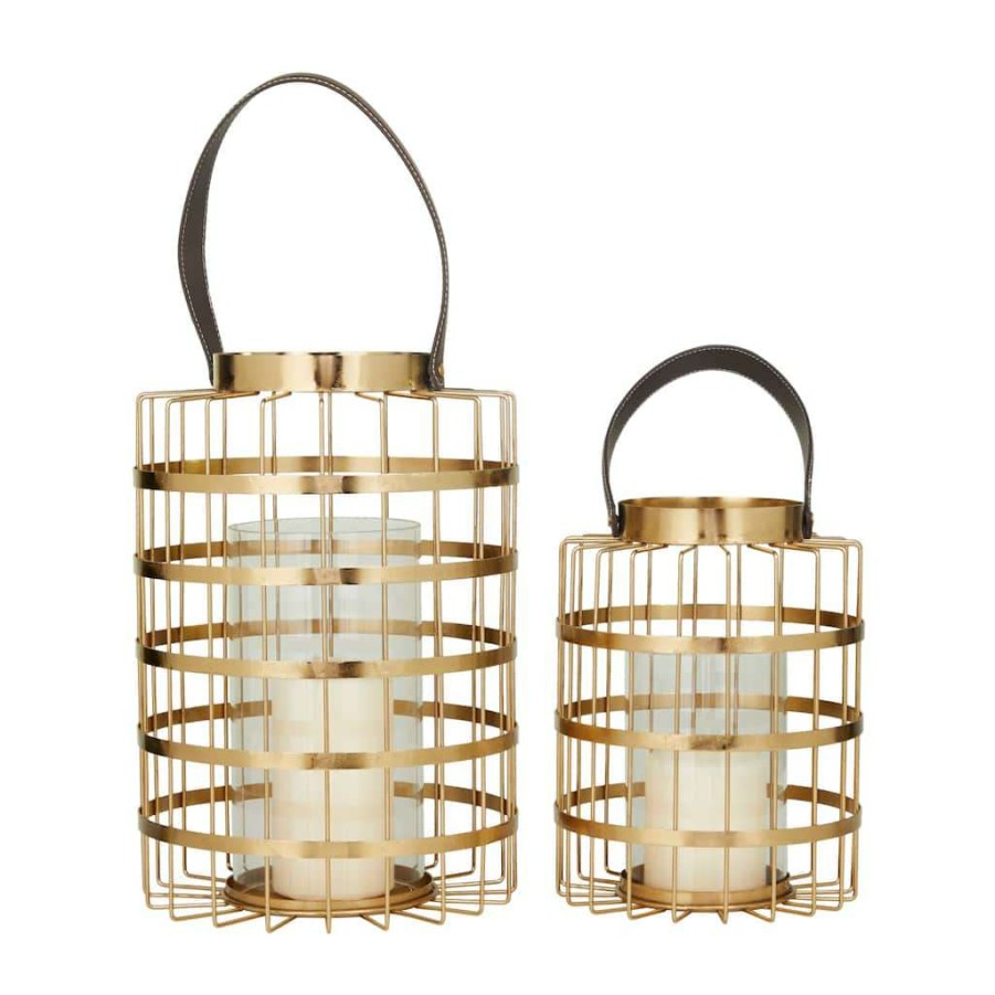 Home & Decor * | Best Pirce Set Of 2 Gold Metal Modern Lantern 13 , 11 By Cosmoliving By Cosmopolitan