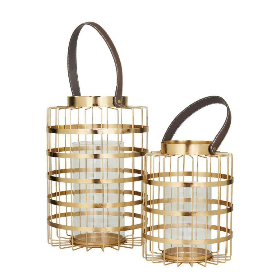 Home & Decor * | Best Pirce Set Of 2 Gold Metal Modern Lantern 13 , 11 By Cosmoliving By Cosmopolitan