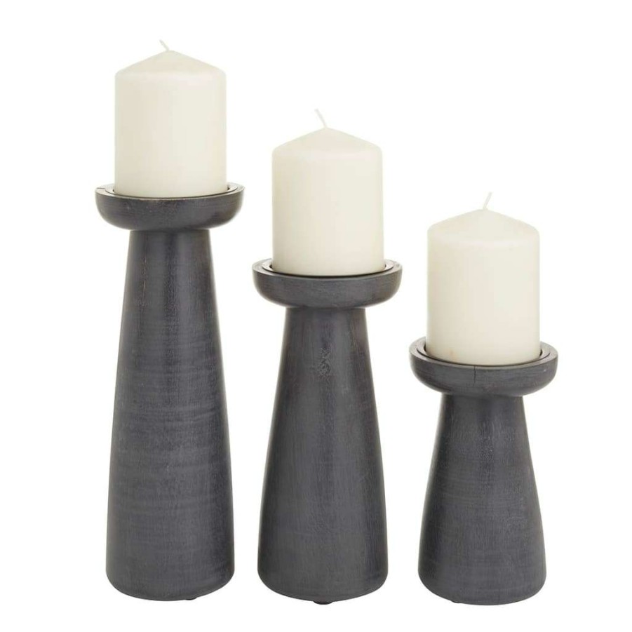 Home & Decor * | Budget Black Wood Modern Candle Holder 10 ,8 ,6 By Cosmoliving By Cosmopolitan