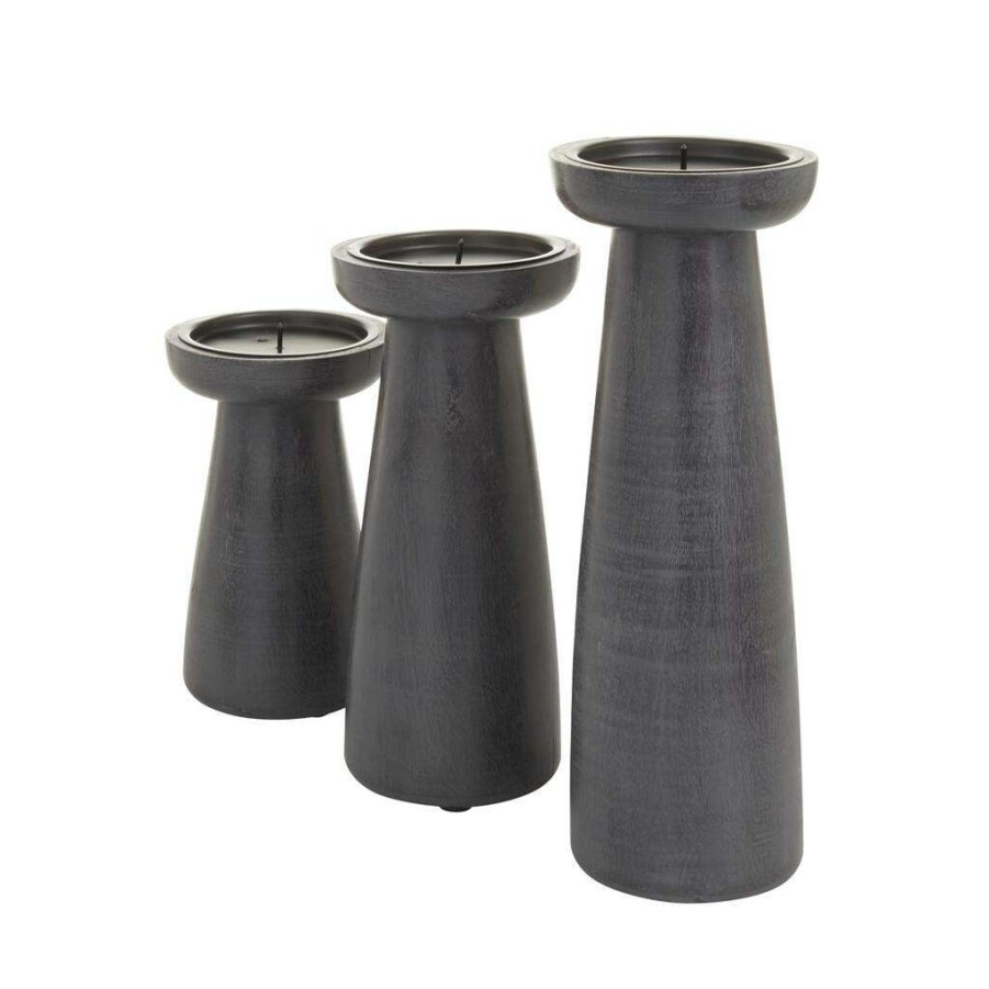 Home & Decor * | Budget Black Wood Modern Candle Holder 10 ,8 ,6 By Cosmoliving By Cosmopolitan