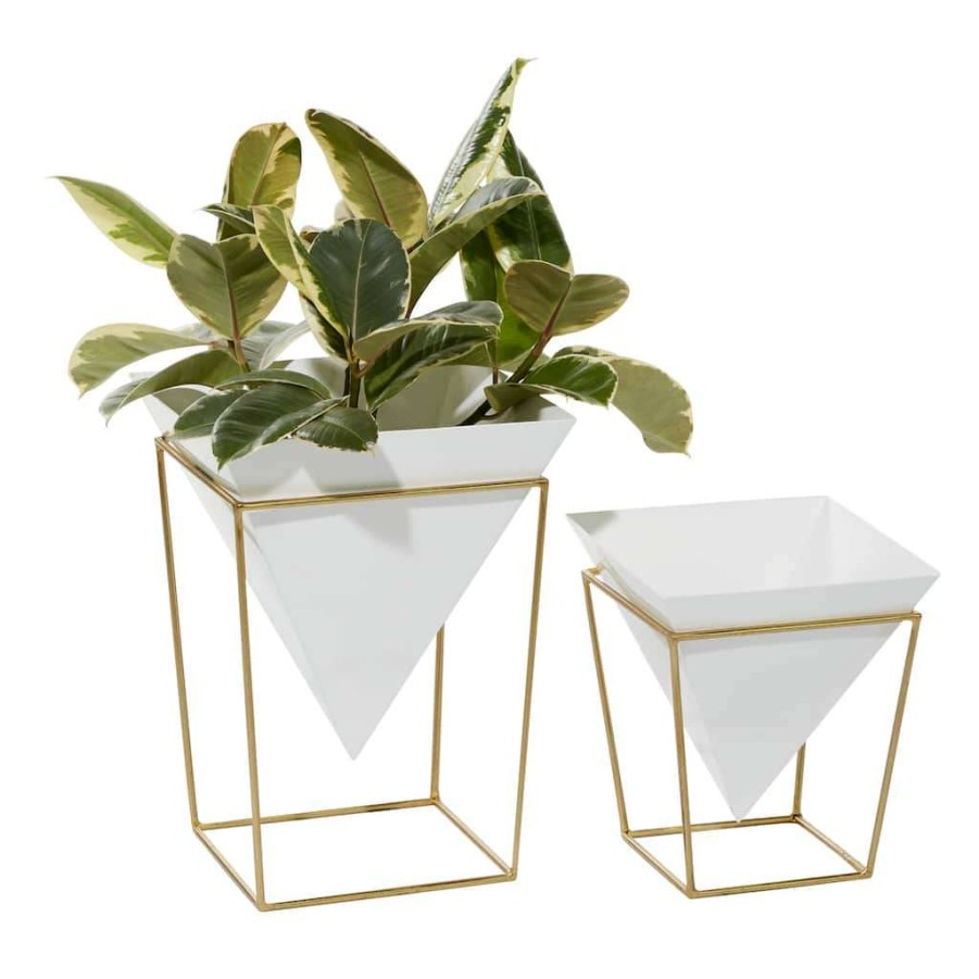 Floral * | Wholesale Cosmoliving By Cosmopolitan Set Of 2 White Metal Contemporary Planter, 10 , 15