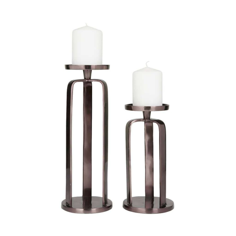 Home & Decor * | Flash Sale Cosmoliving By Cosmopolitan Set Of 2 Black Aluminum Modern Candle Holder, 14 X 10