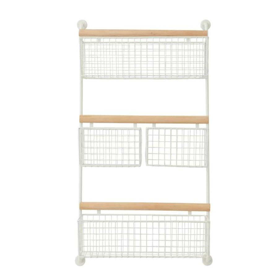 Storage * | Hot Sale White Metal Wall Mounted Magazine Rack Holder & 4 Hanging Baskets By Cosmoliving By Cosmopolitan