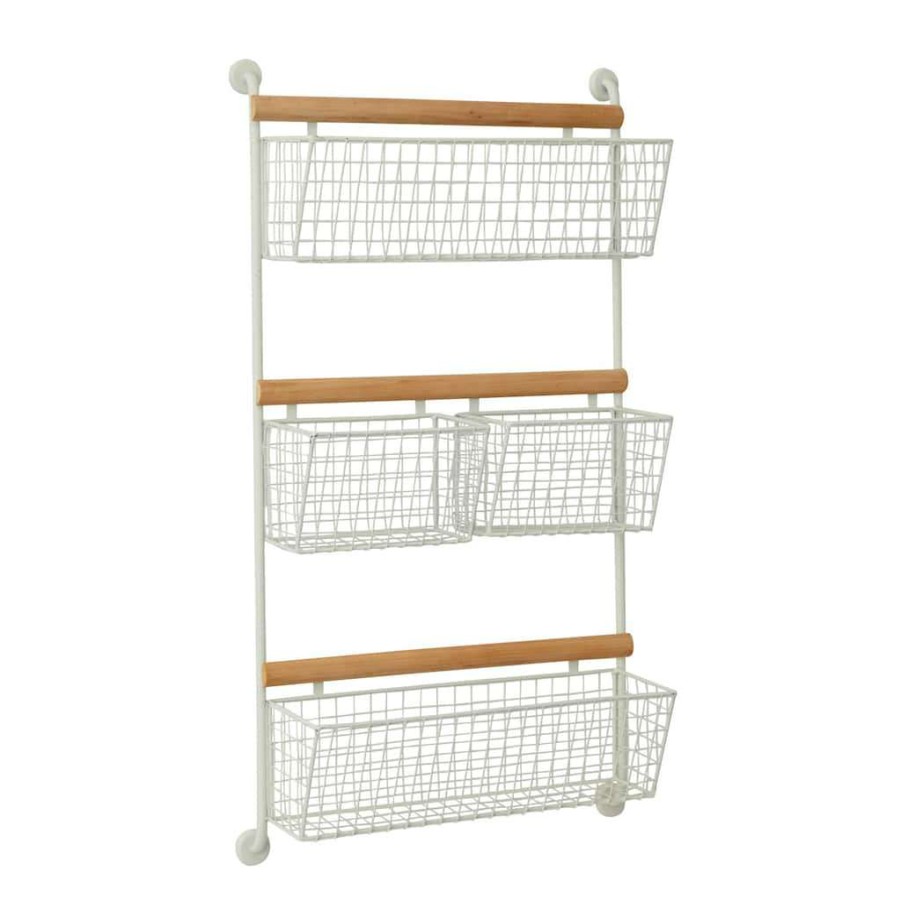 Storage * | Hot Sale White Metal Wall Mounted Magazine Rack Holder & 4 Hanging Baskets By Cosmoliving By Cosmopolitan