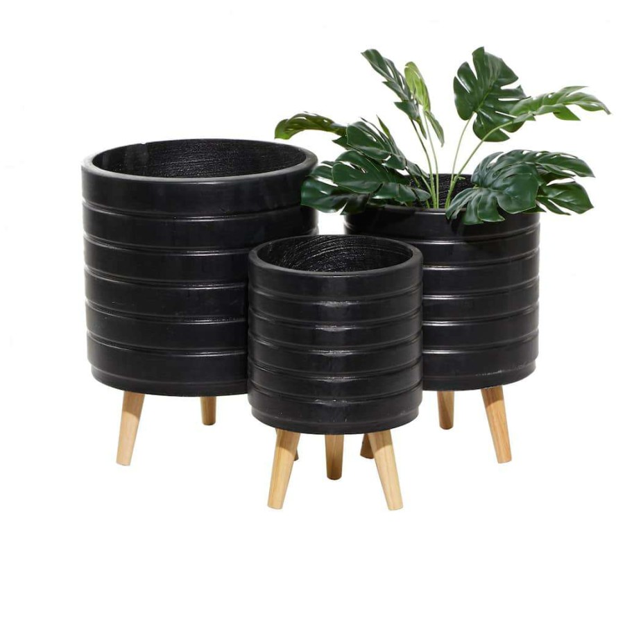 Floral * | New Cosmoliving By Cosmopolitan Set Of 3 Black Mgo Planter 18 , 16 , 15