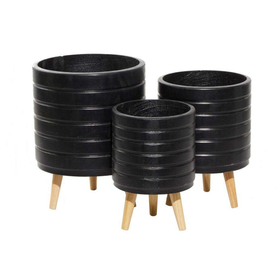 Floral * | New Cosmoliving By Cosmopolitan Set Of 3 Black Mgo Planter 18 , 16 , 15