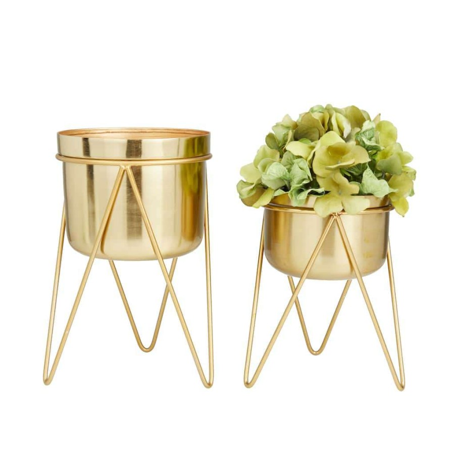 Floral * | Coupon Set Of 2 Gold Iron Modern Planter, 10 X 7 X 7 By Cosmoliving By Cosmopolitan