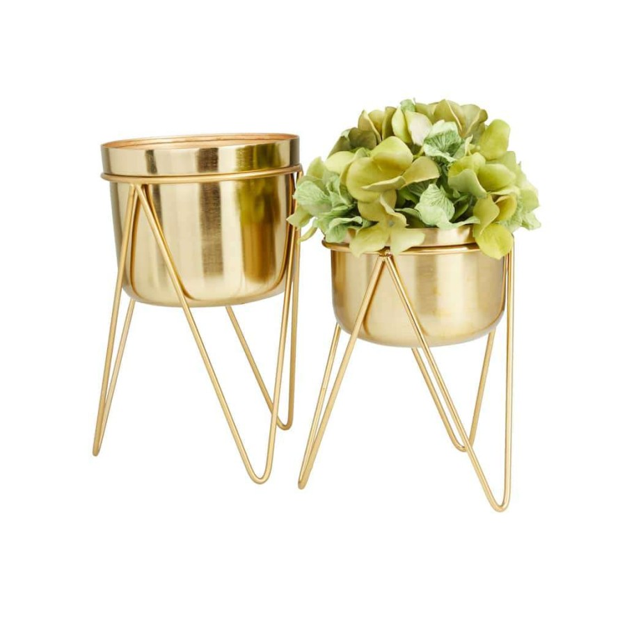 Floral * | Coupon Set Of 2 Gold Iron Modern Planter, 10 X 7 X 7 By Cosmoliving By Cosmopolitan