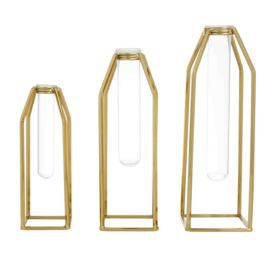 Floral * | Flash Sale Cosmoliving By Cosmopolitan Set Of 3 Gold Stainless Steel Glam Vase, 13 X 5 X 5