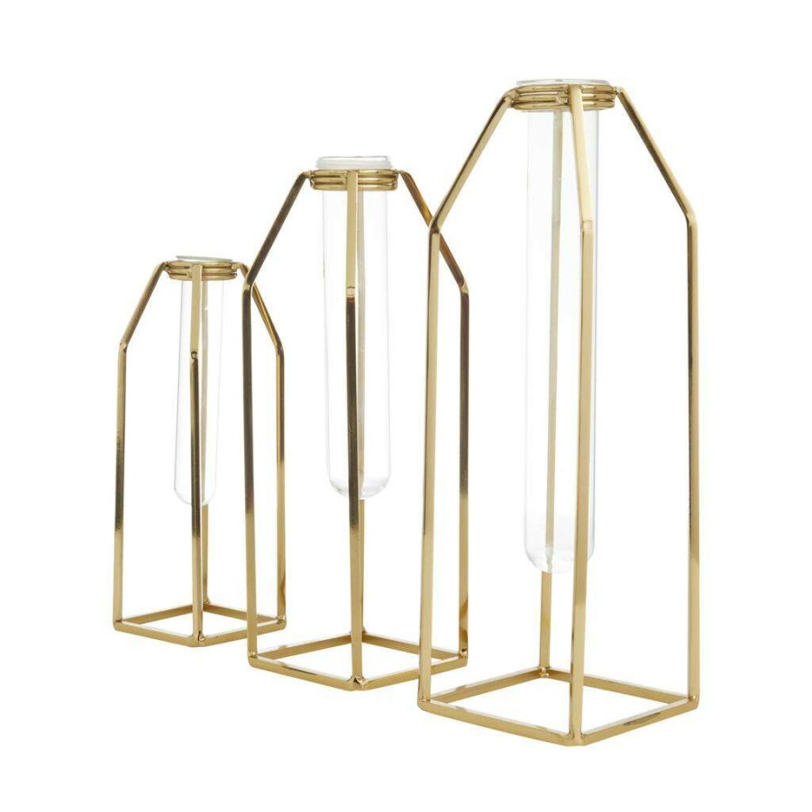 Floral * | Flash Sale Cosmoliving By Cosmopolitan Set Of 3 Gold Stainless Steel Glam Vase, 13 X 5 X 5