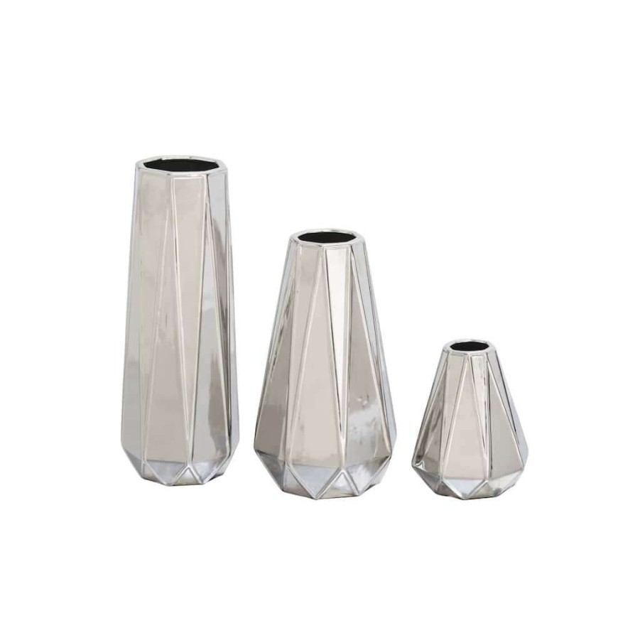 Floral * | Promo Cosmoliving By Cosmopolitan Silver Stoneware Glam Vase Set