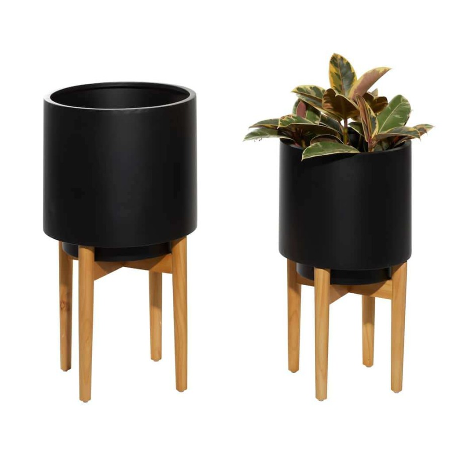 Floral * | Coupon Cosmoliving By Cosmopolitan Black Metal Cylinder Planter Set