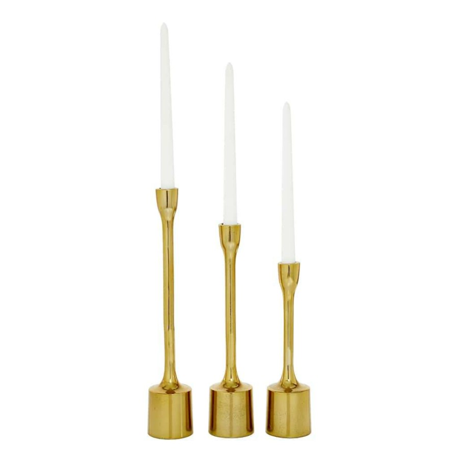 Home & Decor * | Coupon Cosmoliving By Cosmopolitan Set Of 3 Gold Candle Holder 14 , 12 , 10