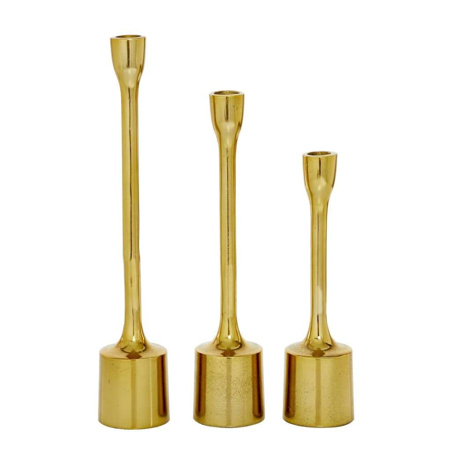 Home & Decor * | Coupon Cosmoliving By Cosmopolitan Set Of 3 Gold Candle Holder 14 , 12 , 10