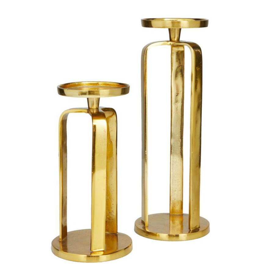 Home & Decor * | Budget Set Of 2 Gold Aluminum Modern Candle Holder, 14 X 5 X 5 By Cosmoliving By Cosmopolitan