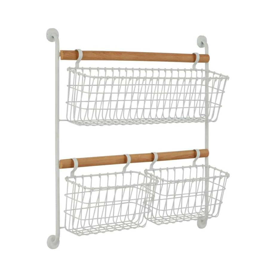 Storage * | Best Pirce White Metal Wall Mounted Magazine Rack Holder With 3 Hanging Baskets By Cosmoliving By Cosmopolitan