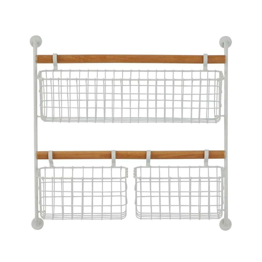 Storage * | Best Pirce White Metal Wall Mounted Magazine Rack Holder With 3 Hanging Baskets By Cosmoliving By Cosmopolitan