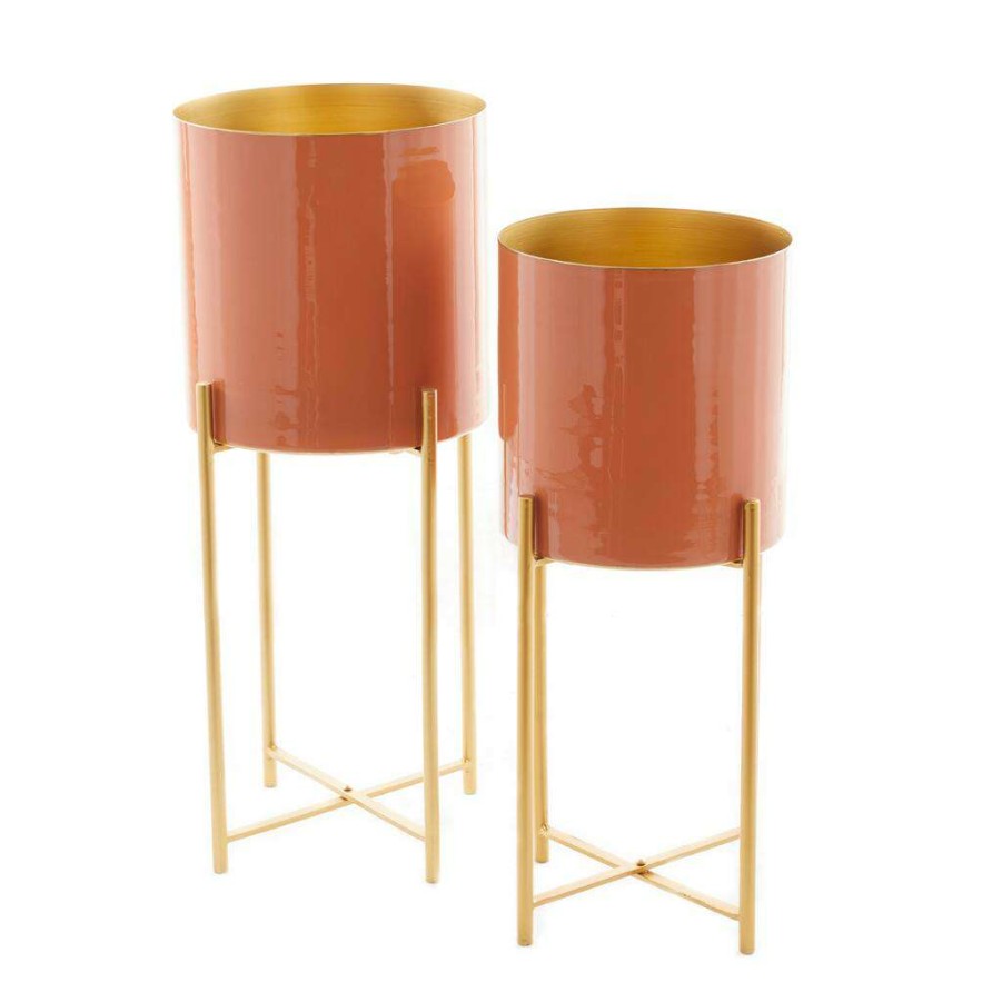 Floral * | Cheapest Cosmoliving By Cosmopolitan Set Of 2 Orange Iron Contemporary Planter, 24 X 12 X 15