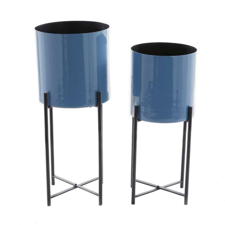 Floral * | Promo Cosmoliving By Cosmopolitan Set Of 2 Blue Iron Contemporary Planter, 24 X 10 X 10