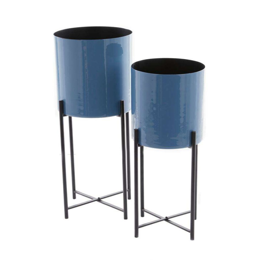 Floral * | Promo Cosmoliving By Cosmopolitan Set Of 2 Blue Iron Contemporary Planter, 24 X 10 X 10