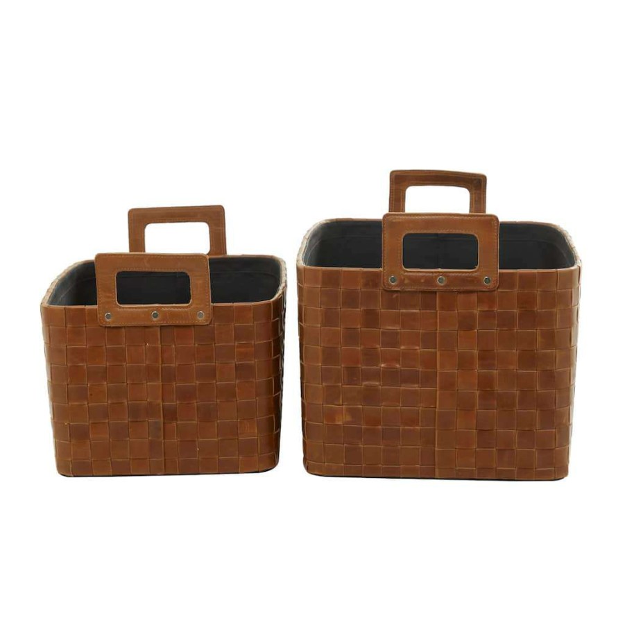 Storage * | Best Sale Brown Leather Handmade Storage Basket With Handles Set By Cosmoliving By Cosmopolitan