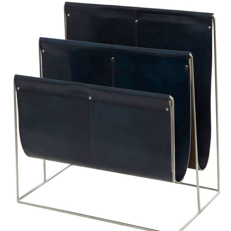 Storage * | Coupon Black Leather 3 Slot Magazine Holder With Metal Stand By Cosmoliving By Cosmopolitan