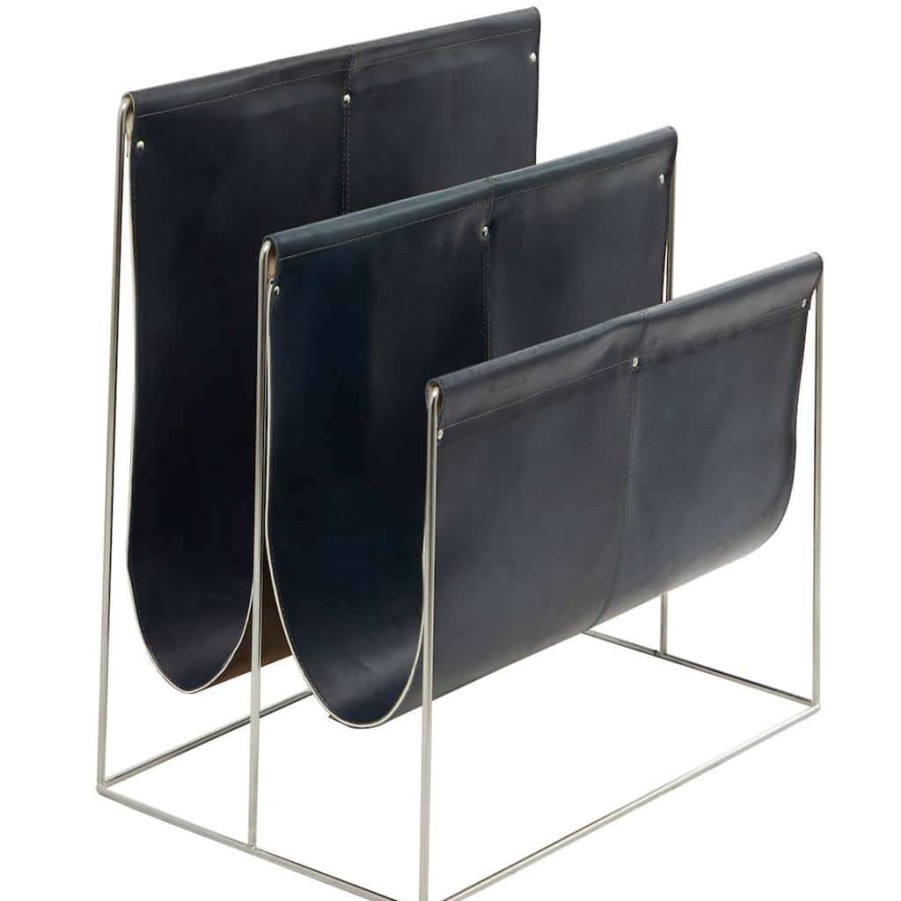 Storage * | Coupon Black Leather 3 Slot Magazine Holder With Metal Stand By Cosmoliving By Cosmopolitan