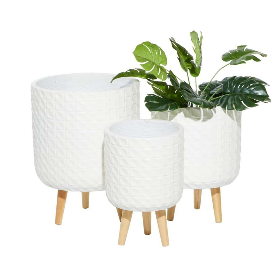 Floral * | Hot Sale Cosmoliving By Cosmopolitan Set Of 3 White Ceramic Planter 18 , 16 , 14