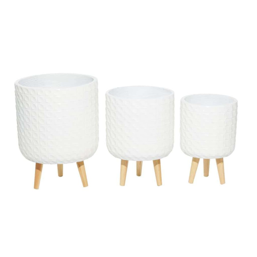 Floral * | Hot Sale Cosmoliving By Cosmopolitan Set Of 3 White Ceramic Planter 18 , 16 , 14