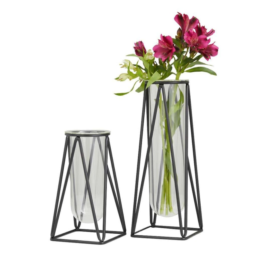 Floral * | Hot Sale Cosmoliving By Cosmopolitan Set Of 2 Black Iron Modern Vase, 13 X 5 X 5