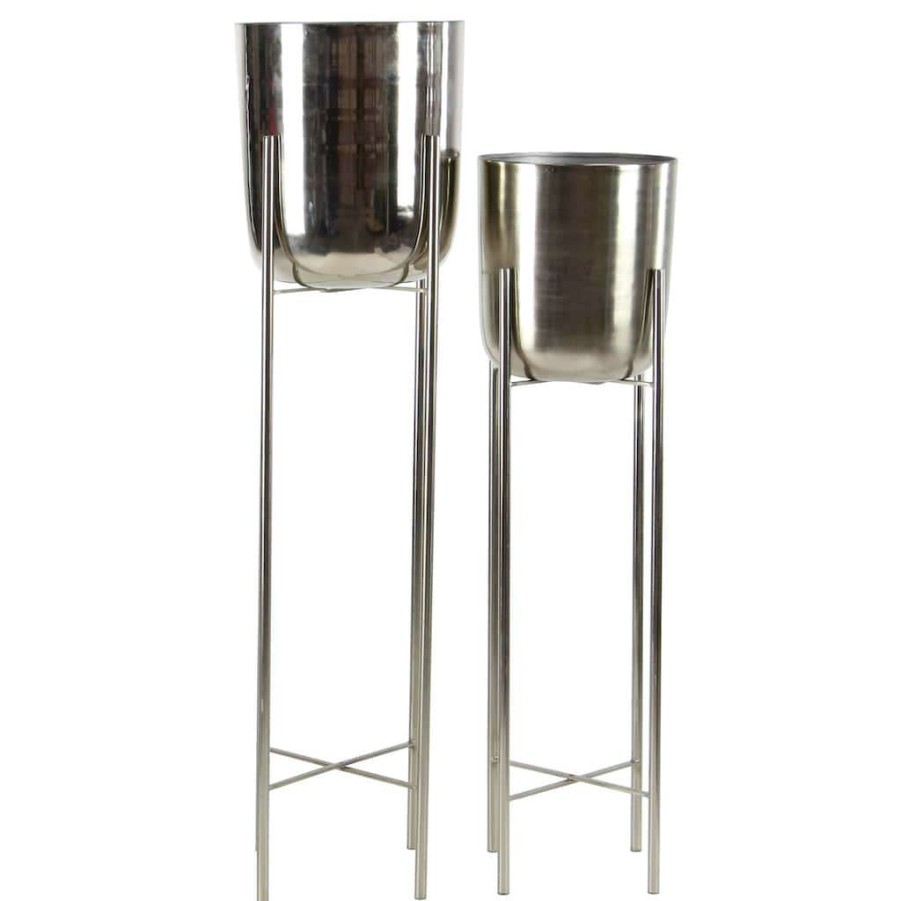 Floral * | Deals Cosmoliving By Cosmopolitan Silver Metal Tall Glam Planter Set