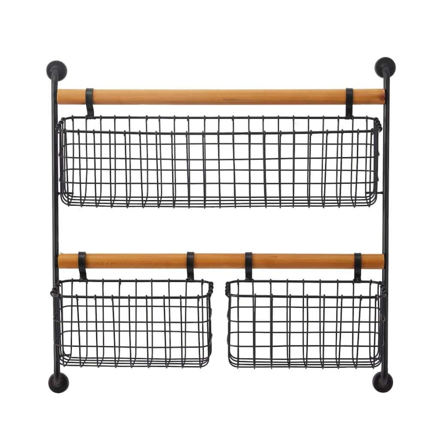 Storage * | Best Deal Black Metal Wall Mounted Magazine Rack Holder With 3 Hanging Baskets By Cosmoliving By Cosmopolitan